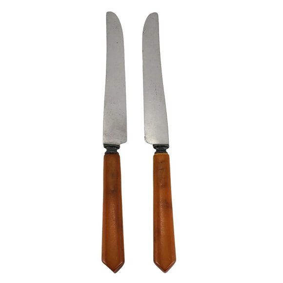 Sta-Brite Bakelite & Stainless Steel Flatware Butterscotch 10 pieces Vintage - Picture 2 of 7